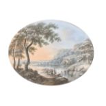 Early 19th Century Dutch School. A River Landscape with Figures, Gouache, Oval 5.75” x 7.75” (14.7 x