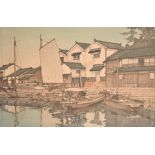 Hiroshi Yoshida (1876-1950) Japanese. “Kura in Tomonoura”, Woodcut, Signed and Inscribed in
