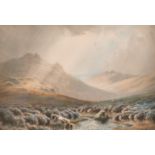 J. Benson (19th - 20th Century) British. Sheep in a Stormy Landscape, Watercolour, Signed, 11.25”