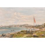 George William Mote (1832-1909) British. “A View of Carnarvon from the Menai Straits”, Oil on Board,