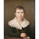 Early 19th Century French School. Bust Portrait of a Young Boy wearing a Green Coat and White