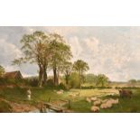 Charles Collins (1851-1921) British. A River Landscape with Sheep, and a Mother and Child by a