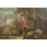 Circle of Francis Hayman (c.1708-1776) British. Study of a Man in a Farmyard with Pigs, Oil on