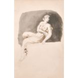 19th Century English School. A Reclining Female on a Ledge, Watercolour and Pencil, 7” x 4.5” (17.