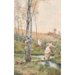 Ernest Albert Waterlow (1850-1919) British. A Young Girl crossing a Stream, Watercolour, Signed