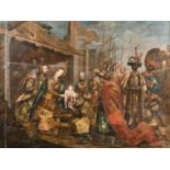 18th Century Dutch School. Adoration of the Magi, Oil and Mother of Pearl on Panel, 23.5” x 31” (