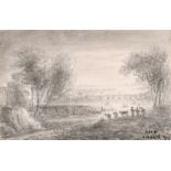 19th Century English School. Landscape with Cattle and Herdsmen, Pencil, Signed with Initials ‘