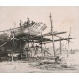Alfred Bentley (1879-1923) British. The Boat Builders, Etching, Signed in Pencil, 9” x 10.5” (22.8 x