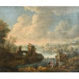 18th Century Dutch School. Travellers in a Classical Landscape, Oil on Canvas laid down, 11.5” x