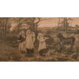19th Century English School. Three Young Girls with an Obstinate Donkey, Engraving, 13.25” x 25.