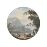 Late 18th Century Dutch School. A Mountainous River Landscape with Figures and Cattle in the