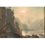 19th Century Italian School. A Mountainous River Landscape with Torchlit Figures by a Tunnel, a