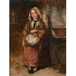 19th Century English School. Study of a Young Girl standing in a Barn, Oil on Board, 8.25” x 6.5” (