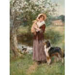 Henry John Yeend King (1855-1924) British. A Young Girl holding a Lamb with a Collie Dog at her