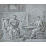 18th Century French School. Figures in an Interior, Chalk, Mounted, Unframed, 11.5” x 13.5” (29.3