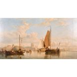 19th Century Dutch School. Fishing Boats in Calm Waters with a Dutch Town beyond, Oil on Canvas,