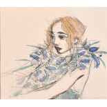 Dina Larot (1942- ) Austrian. A Young Girl in a Feather Boa, Watercolour and Charcoal, Signed and