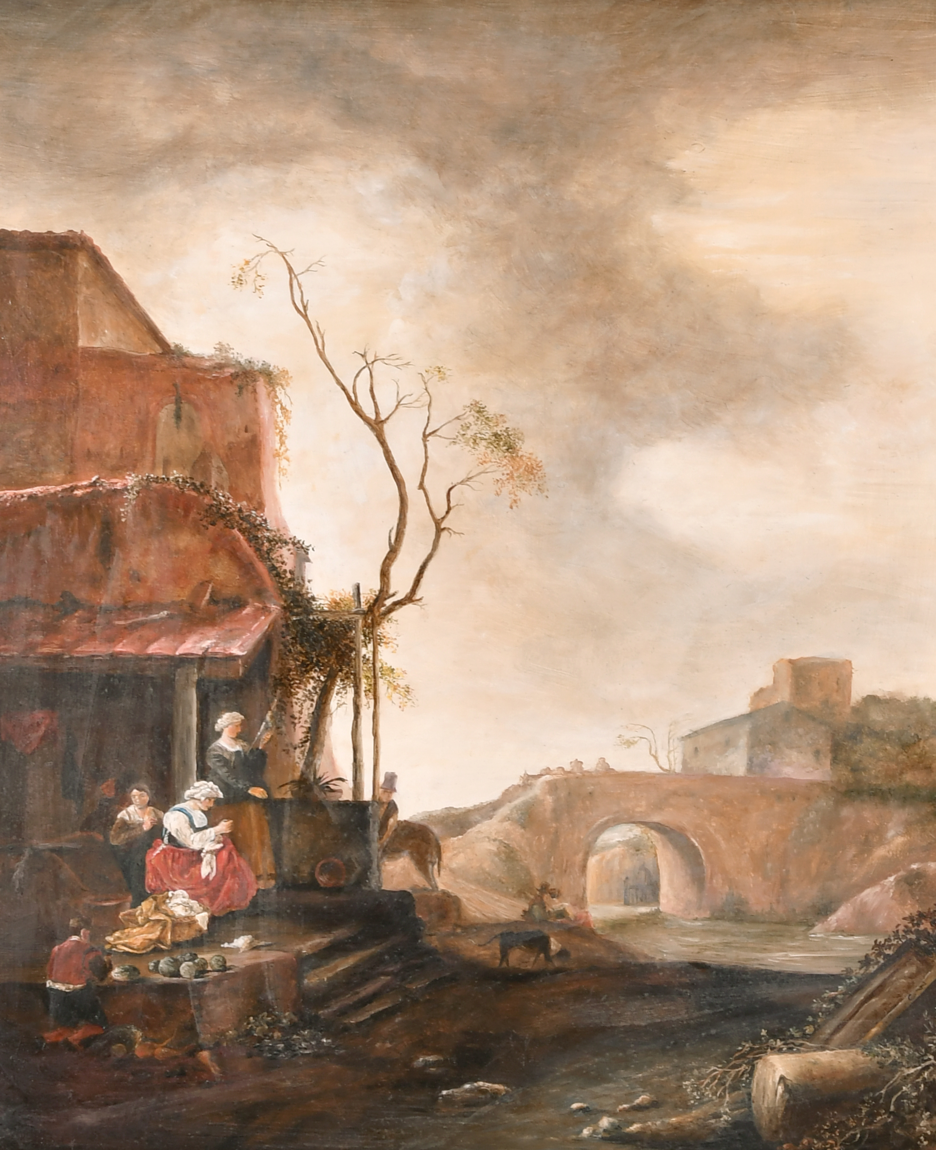 Late 19th Century Dutch School. Figures Washing at a Well with a River beyond, Oil on Panel, 19.