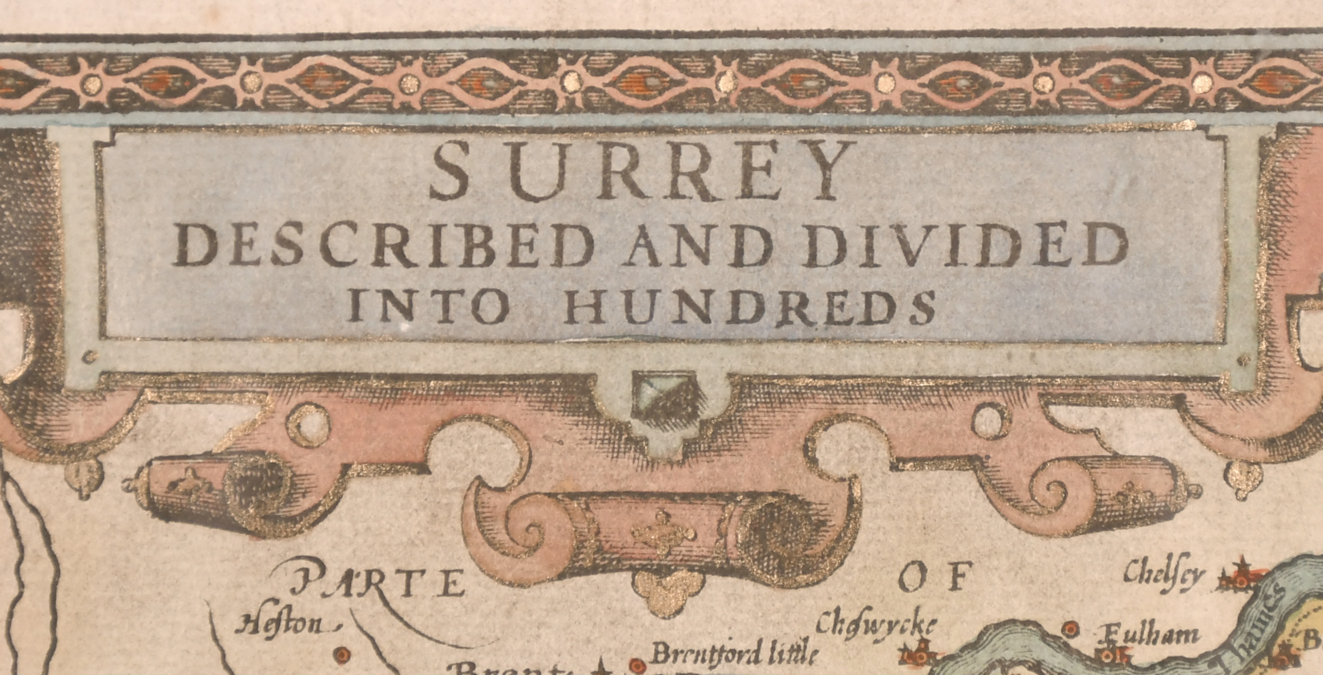 After John Speed (1552-1629) British. “Surrey”, Map, framed showing verso, 15” x 20.25” (38 x 51. - Image 3 of 5