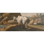 18th Century Italian School. A Horse and Cattle in a Landscape, Oil on a three piece Panel (