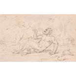 17th Century French School. Study of a Reclining Satyr and a Putto, Ink, 4.5" x 7" (11.4 x 18cm)