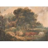 19th Century English School. A River Landscape with Figures on a Path and Cattle Watering, Oil on