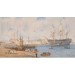 19th Century English School. A Scene of the Naval Dockyard at Chatham with Figures in the Foreground