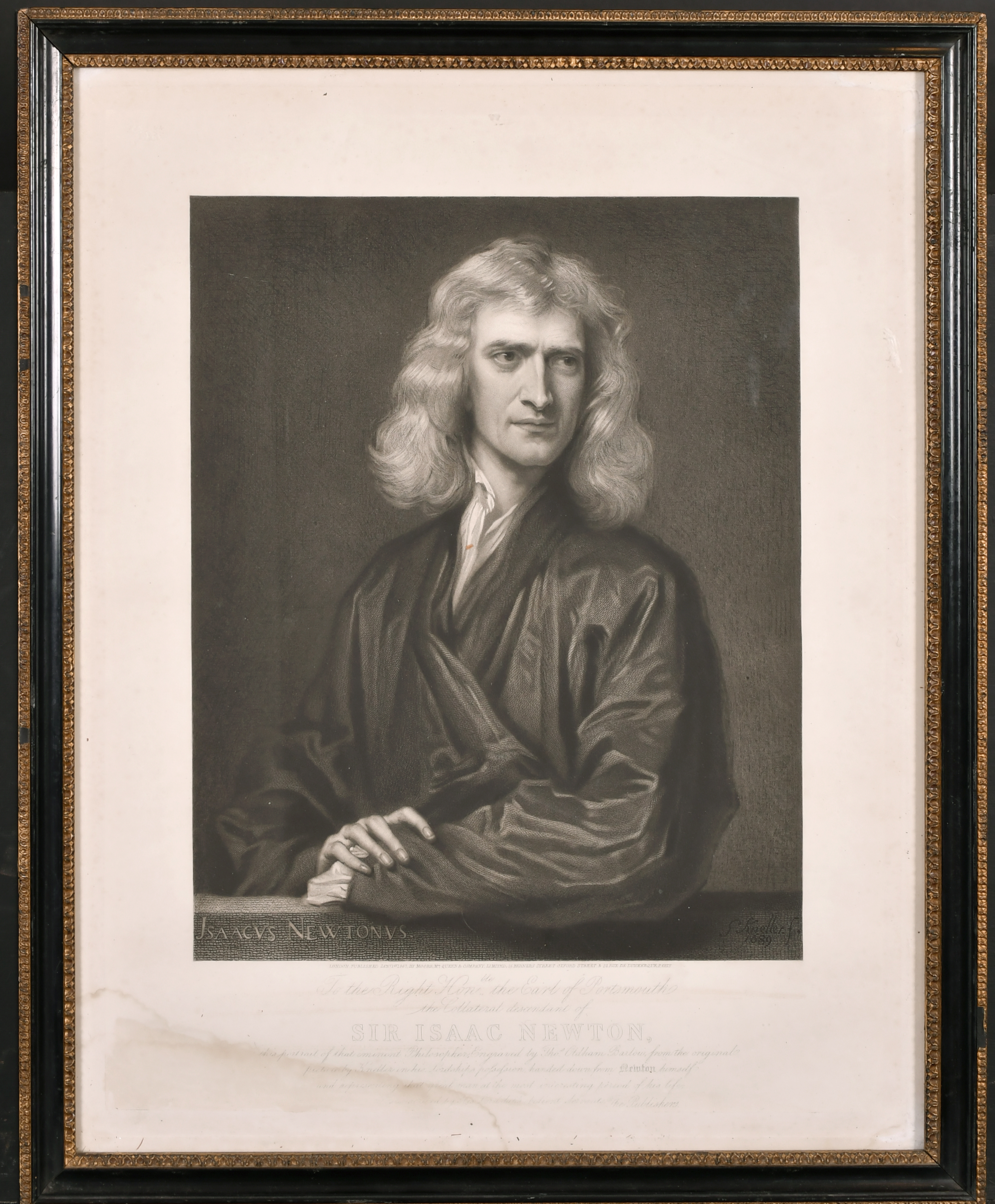 After Godfrey Kneller (1646-1723) British. "Sir Isaac Newton", Engraving, in a Hogarth Style - Image 2 of 4