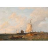 Peter Cornelis Dommerson (1834-1908) Dutch. A Shipping Scene with Figures in a Small Boat pulling in