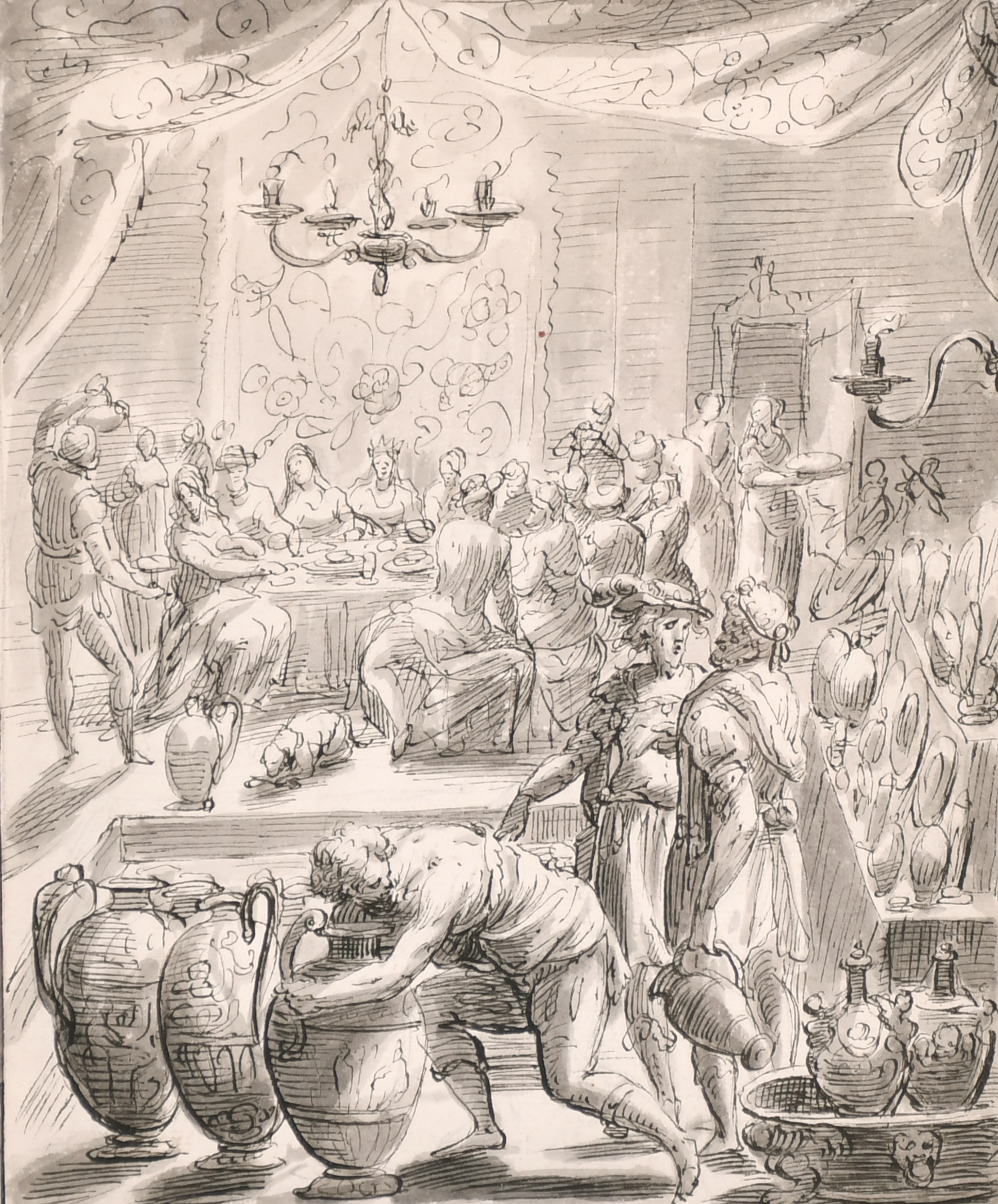 18th Century Italian School. A Banqueting Scene, Ink and Wash, 8.25" x 6.75" (21.2 x 17.5cm)