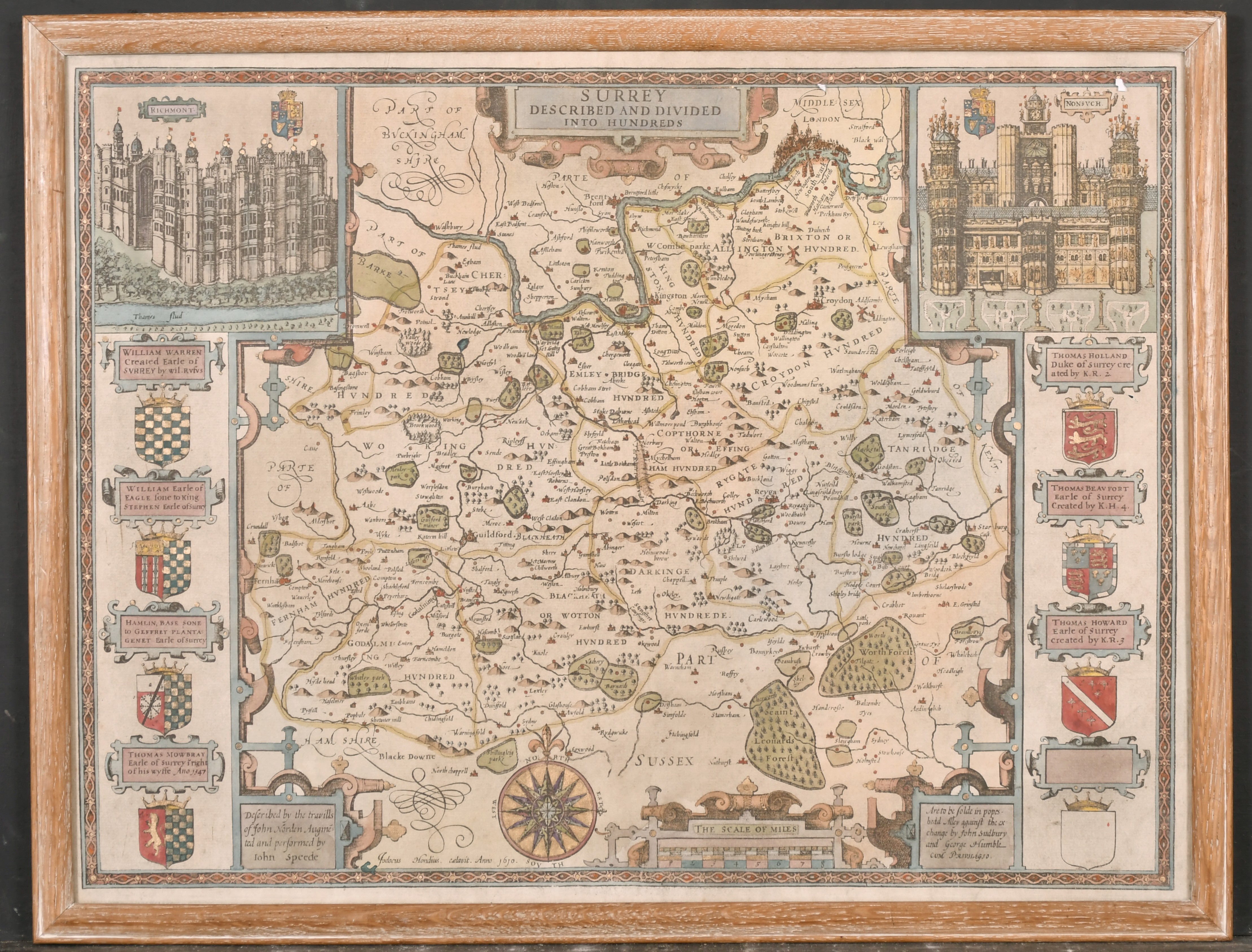 After John Speed (1552-1629) British. “Surrey”, Map, framed showing verso, 15” x 20.25” (38 x 51. - Image 2 of 5