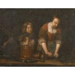 18th Century Dutch School. Interior Scene with a Maid Polishing and a Young boy with a Dog Sitting