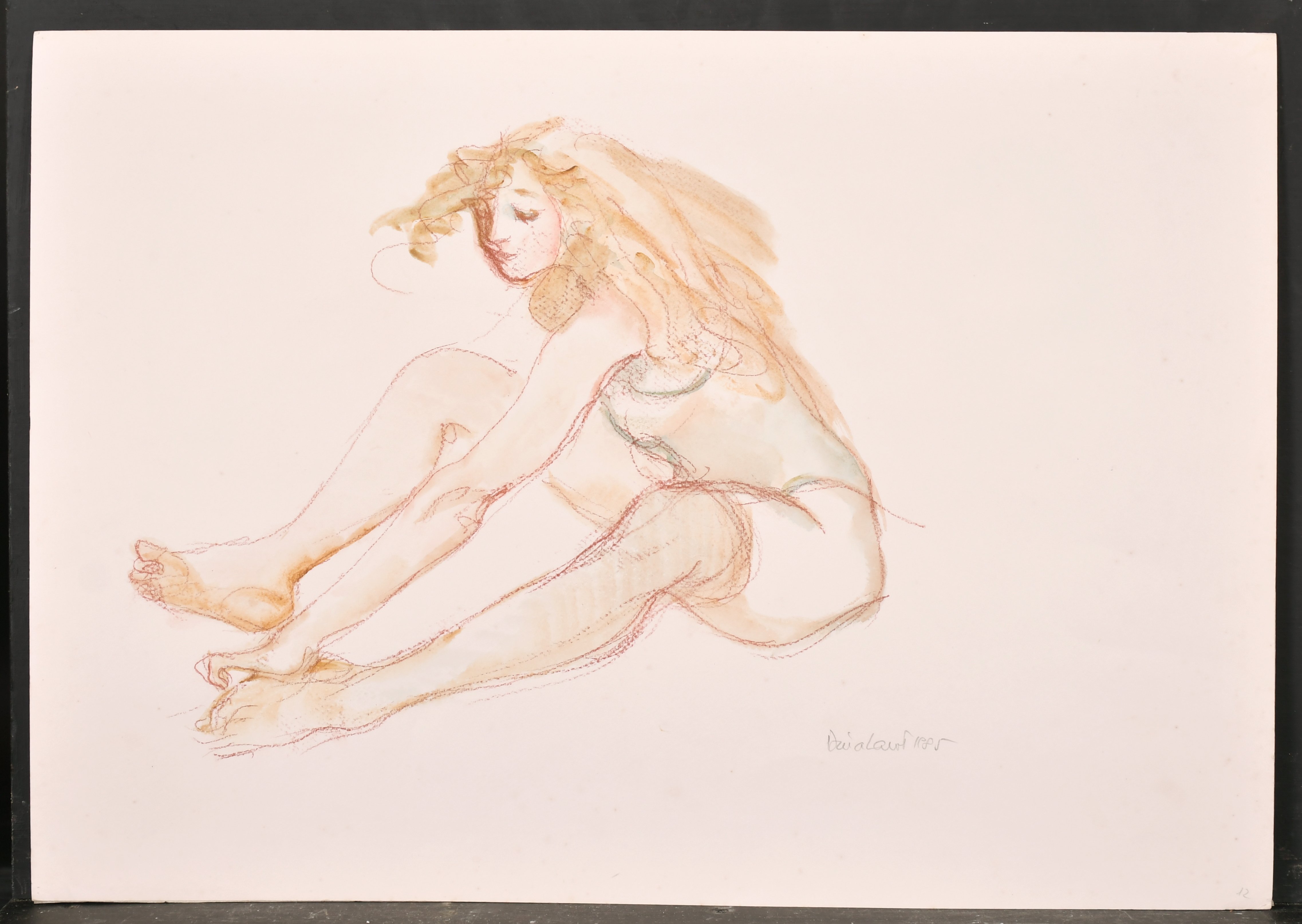 Dina Larot (1942- ) Austrian. Study of A Reclining Semi Naked Lady, Watercolour and Chalk, Signed - Image 4 of 6