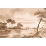 After Simeon Fort (1793-1861) French. River Landscape with Figures in a Punt, Watercolour, 5.75" x