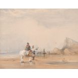19th Century English School. A Beach Scene with Figures and Horses, Watercolour, Indistinctly Signed