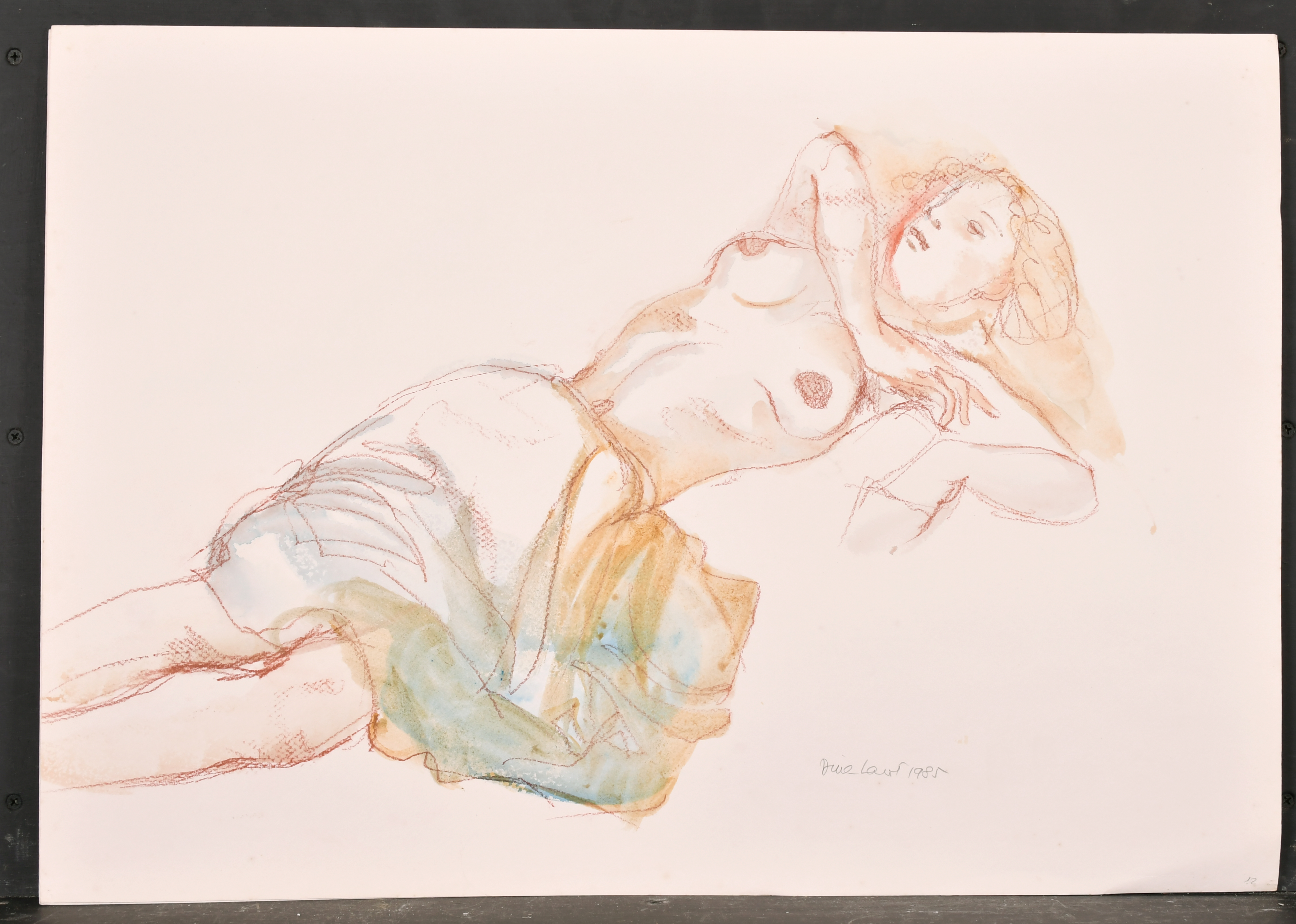 Dina Larot (1942- ) Austrian. Study of A Reclining Semi Naked Lady, Watercolour and Chalk, Signed - Image 2 of 6