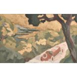 H. Beon (20th Century) European School. A Racing Car on a Mountain Pass, Gouache with Gold Paint,