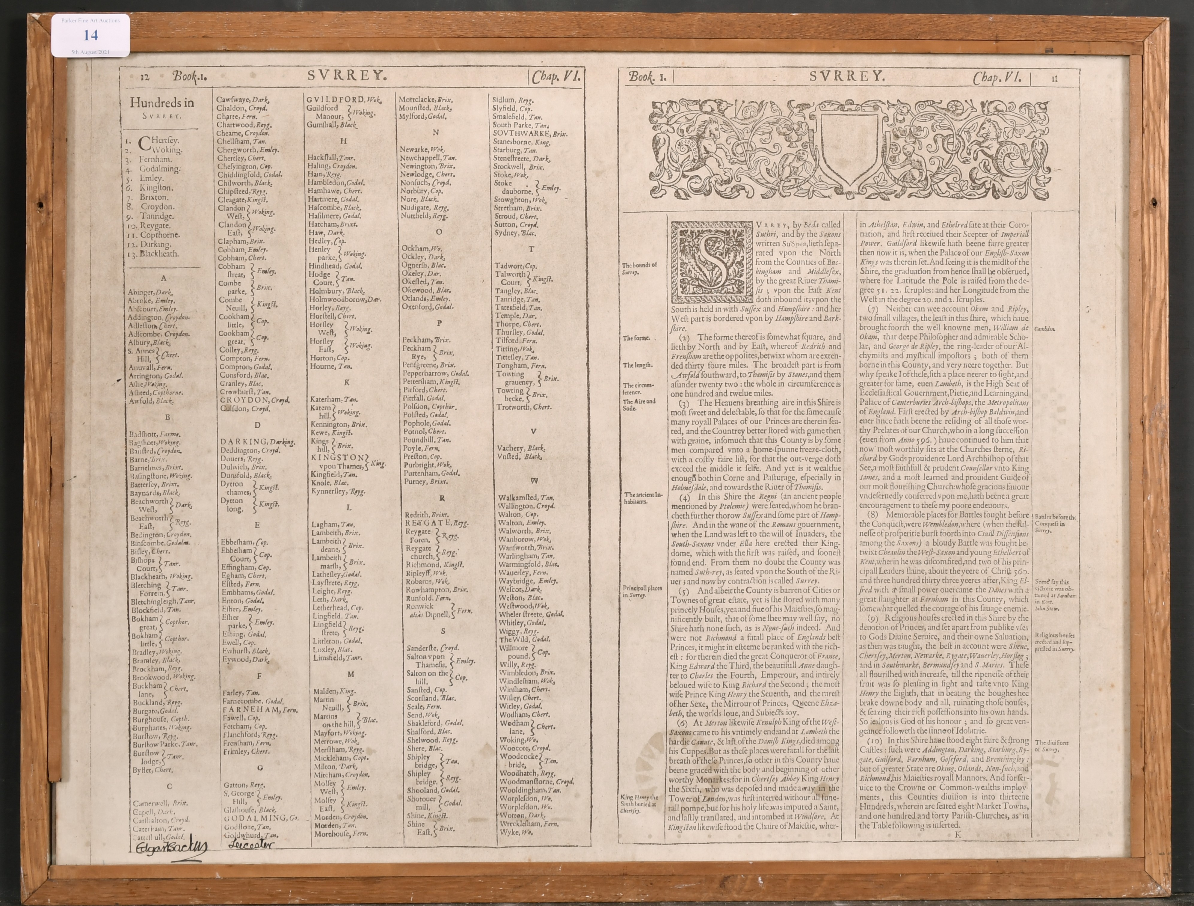 After John Speed (1552-1629) British. “Surrey”, Map, framed showing verso, 15” x 20.25” (38 x 51. - Image 5 of 5