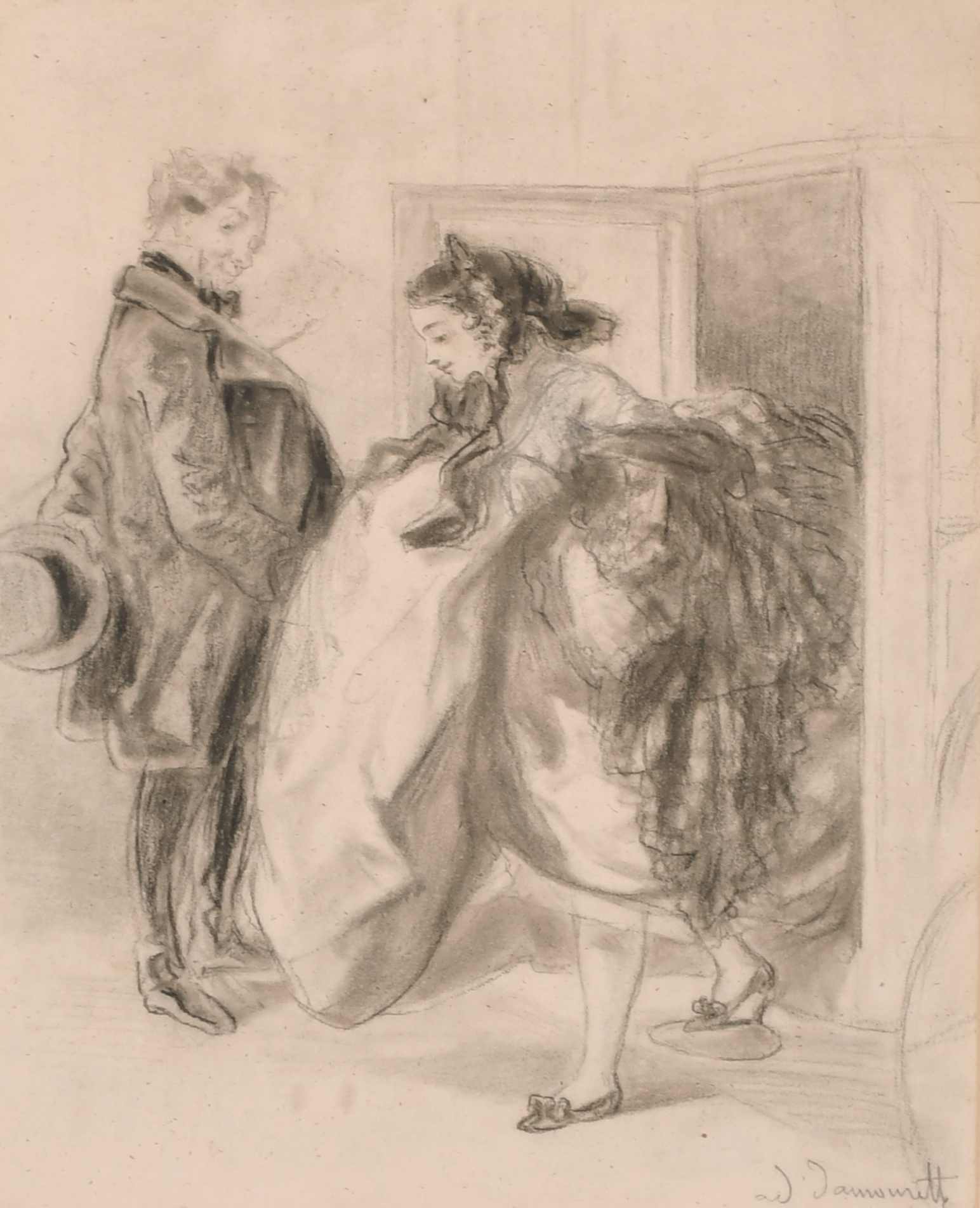 19th Century French School. A Lady getting out of a Carriage, Pencil and Charcoal, Indistinctly