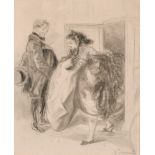 19th Century French School. A Lady getting out of a Carriage, Pencil and Charcoal, Indistinctly