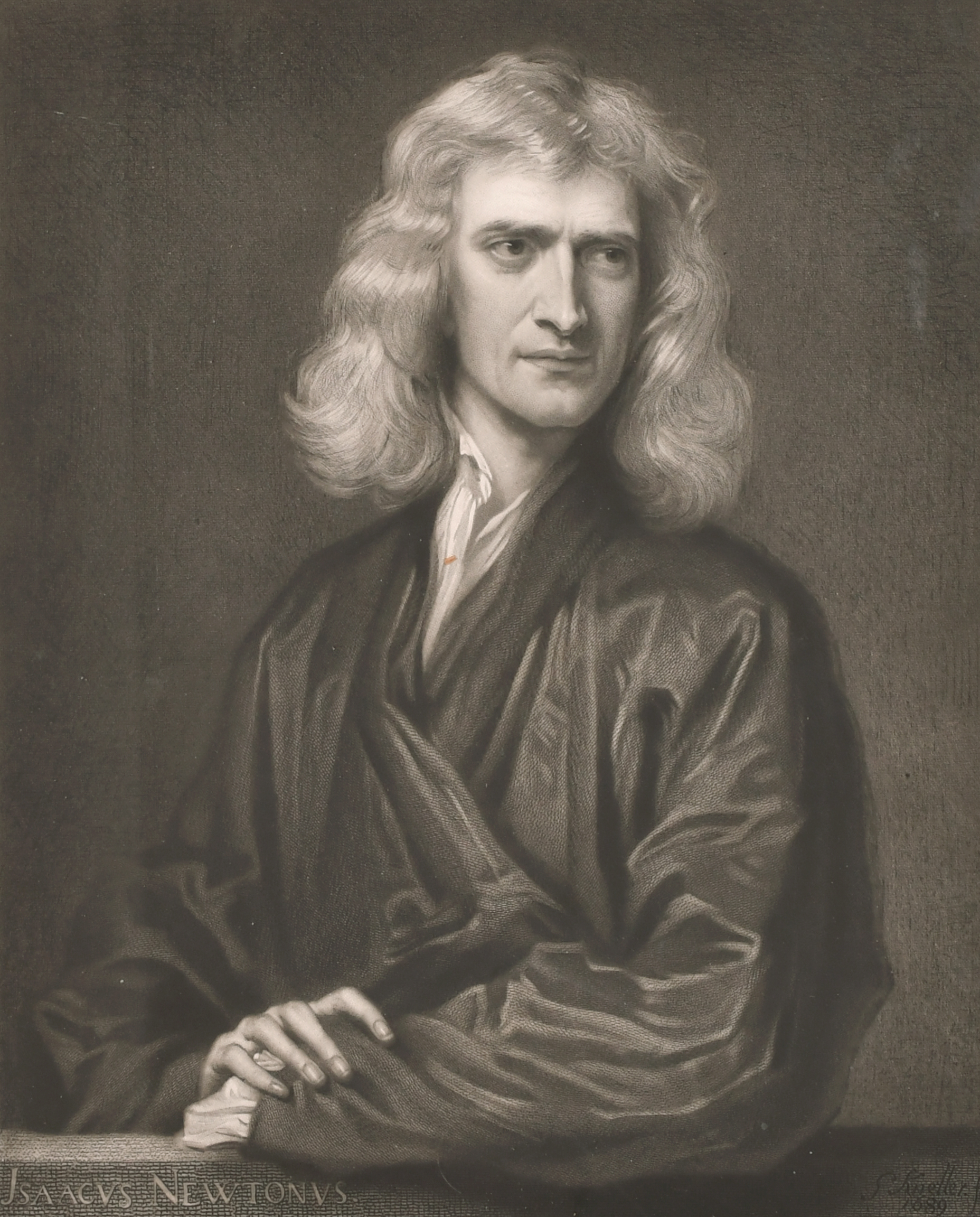 After Godfrey Kneller (1646-1723) British. "Sir Isaac Newton", Engraving, in a Hogarth Style