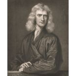 After Godfrey Kneller (1646-1723) British. "Sir Isaac Newton", Engraving, in a Hogarth Style