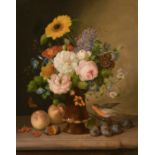 Johann Georg Seitz (1810-1870) German. Still Life with a Robin by a Vase of Flowers, Oil on