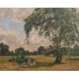 R. Ale-Bas (20th Century) British. Figures Picnicking in a Park, Oil on Panel, Signed, 18” x 22” (