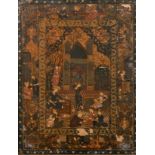 19th Century Persian School. Figures in a Temple, Oil on Leather, 24" x 17.5" (61 x 44.5cm) and
