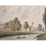 19th Century English School. Figures Fishing from a Punt with a Country House beyond, Watercolour,