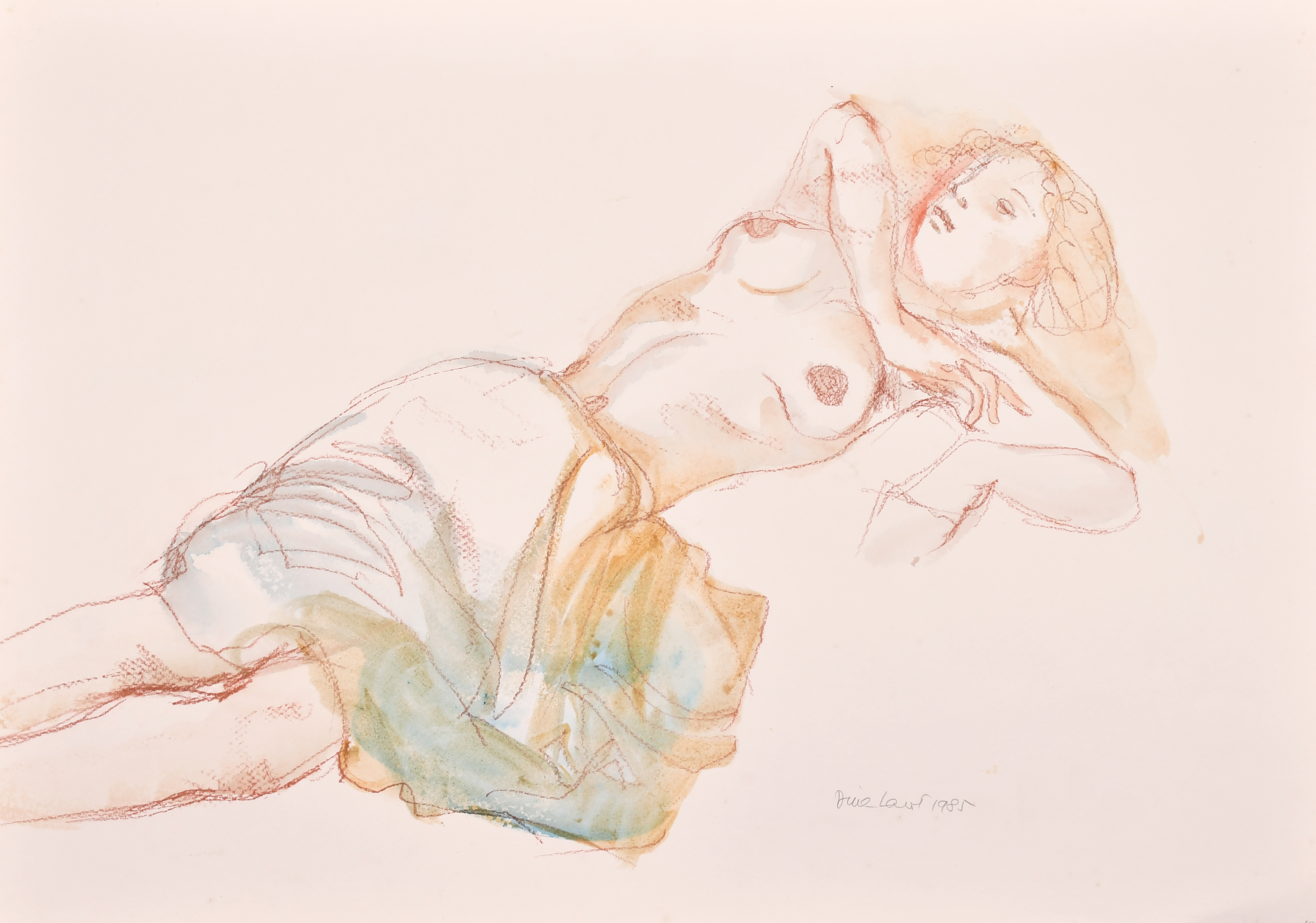 Dina Larot (1942- ) Austrian. Study of A Reclining Semi Naked Lady, Watercolour and Chalk, Signed