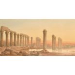 William Cosens Way (1833-1905) British. Egyptian Ruins at Sunset, Watercolour, Signed twice and