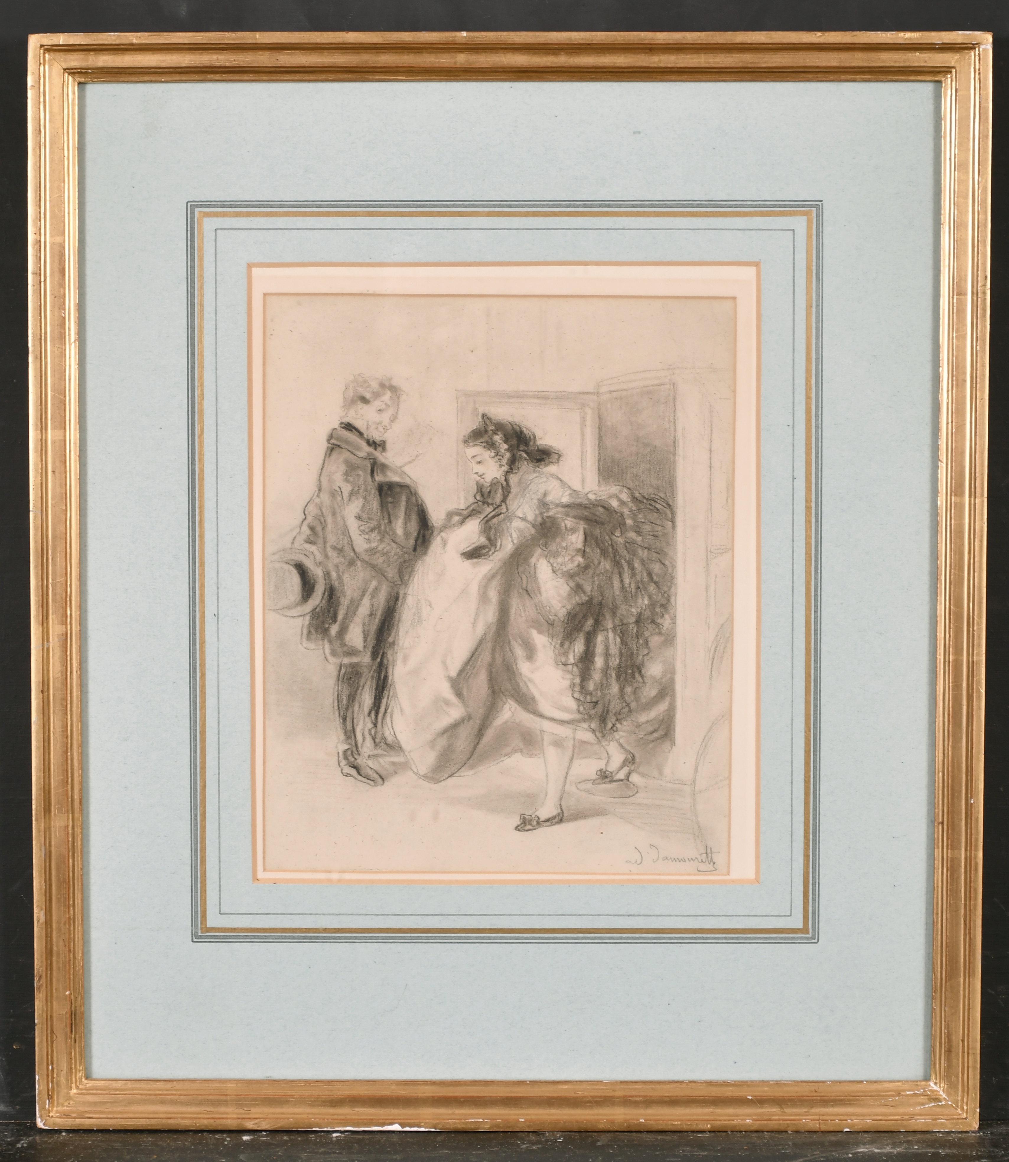 19th Century French School. A Lady getting out of a Carriage, Pencil and Charcoal, Indistinctly - Image 2 of 5