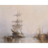 Frank Wasley (1848-1934) British. A Seascape with Figures in Boats by a Tall Ship, Watercolour and